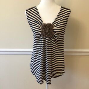 Anthropologie Mystree Navy and Cream Ruched Embellished Tank Top Size Medium EUC